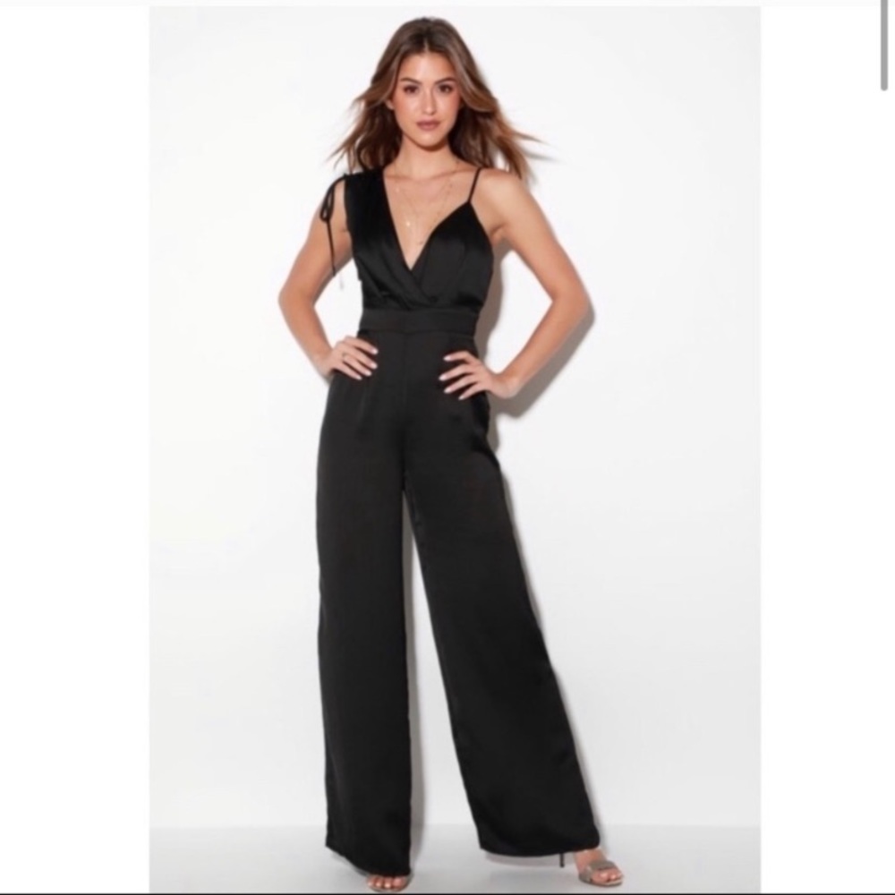 Look of Luxe Black Satin Asymmetrical Wide-Leg Jumpsuit